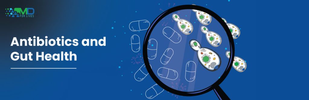 Illustration showing antibiotics disrupting gut microbiome balance