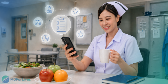 MDForLives platform offering paid surveys and opportunities for nurses.