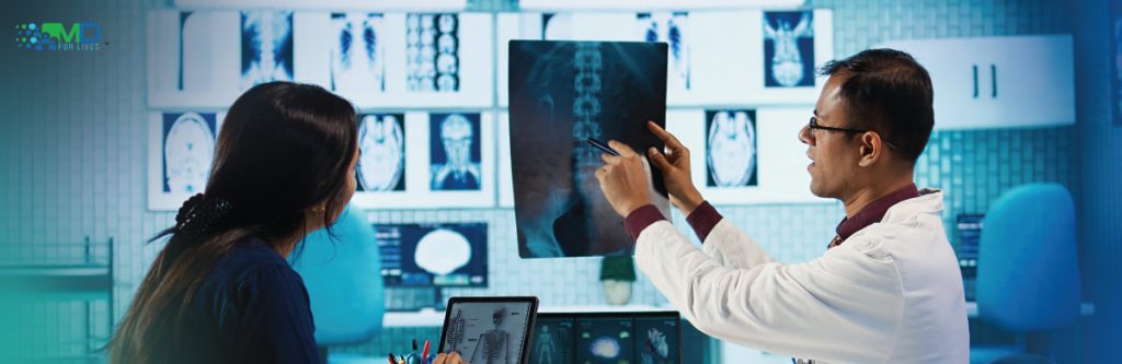 osteosarcoma treatment consultation showing doctor reviewing bone scan with patient