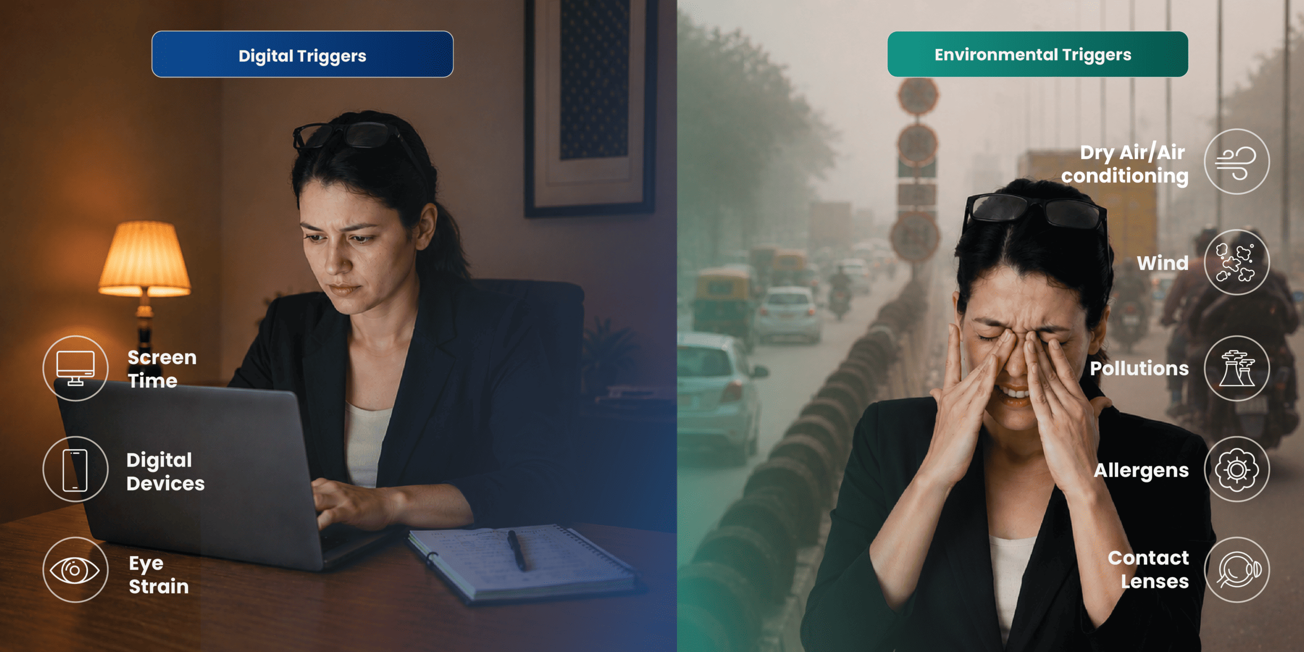 dry eye triggers showing screen time dry air air conditioning pollution allergens and contact lenses affecting eye comfort
