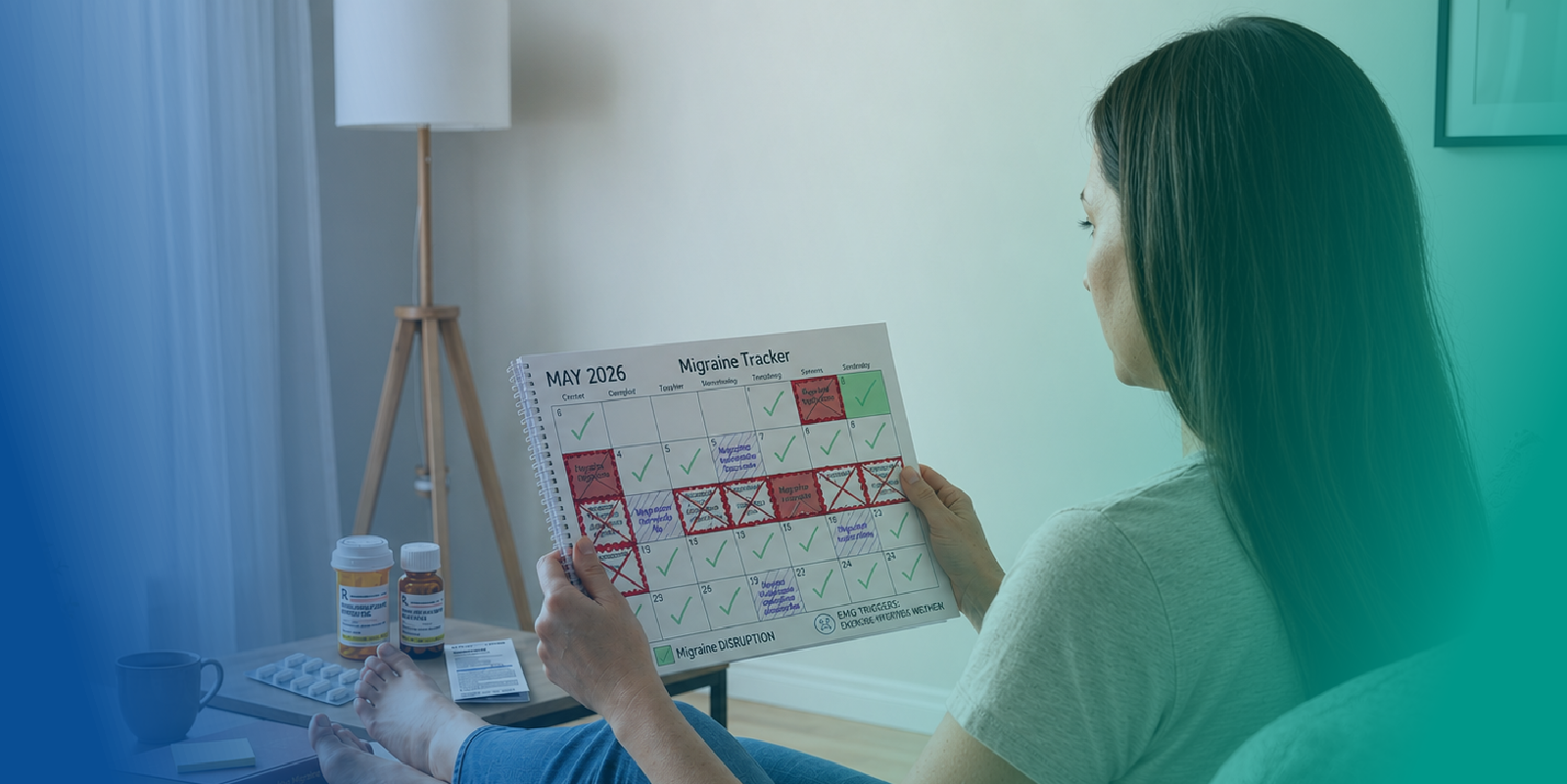 migraine calendar showing improved relief fewer severe attacks and remaining unpredictability in daily life