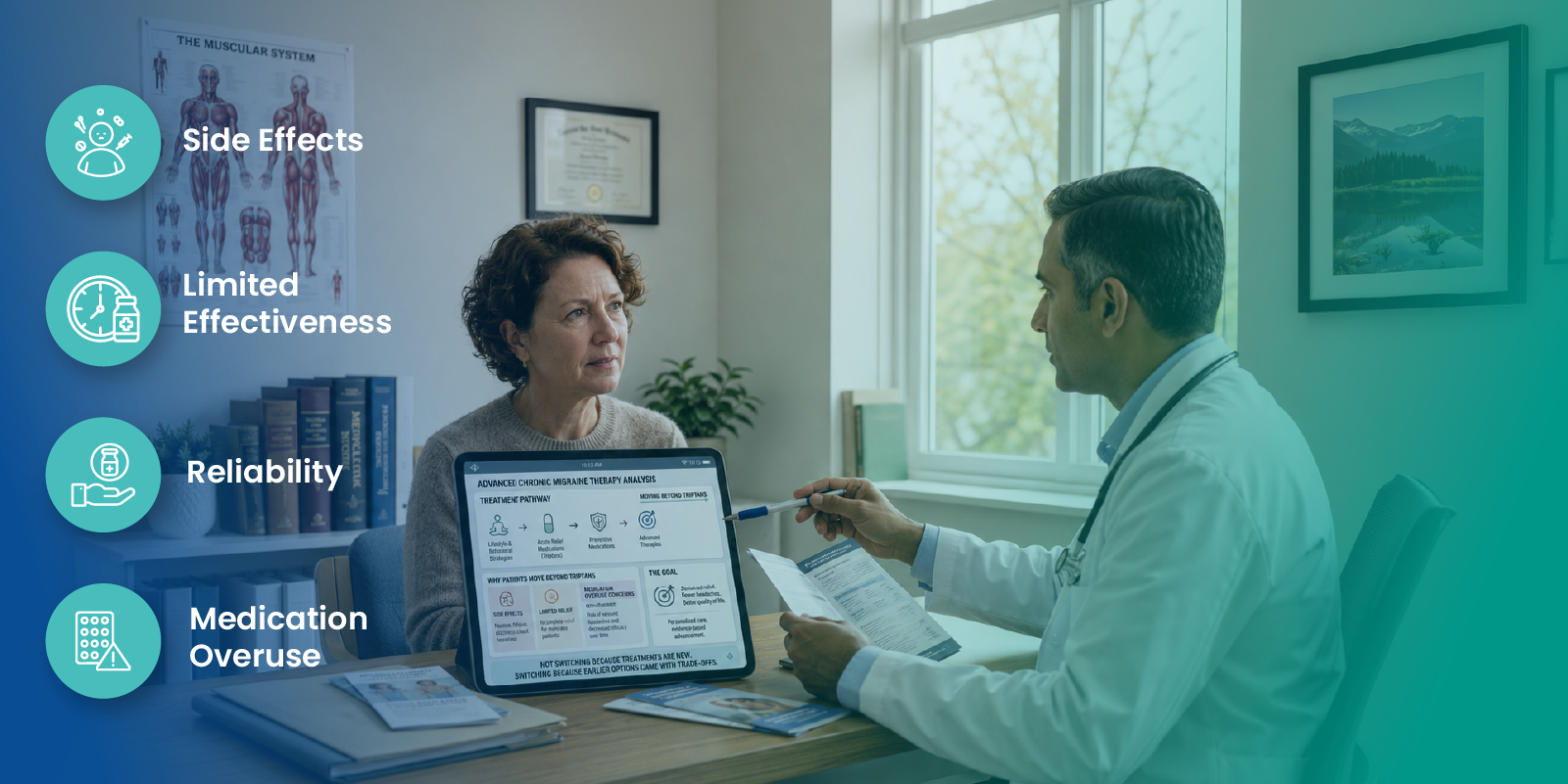 migraine treatment pathway showing side effects limited relief and medication overuse concerns driving patients beyond triptans