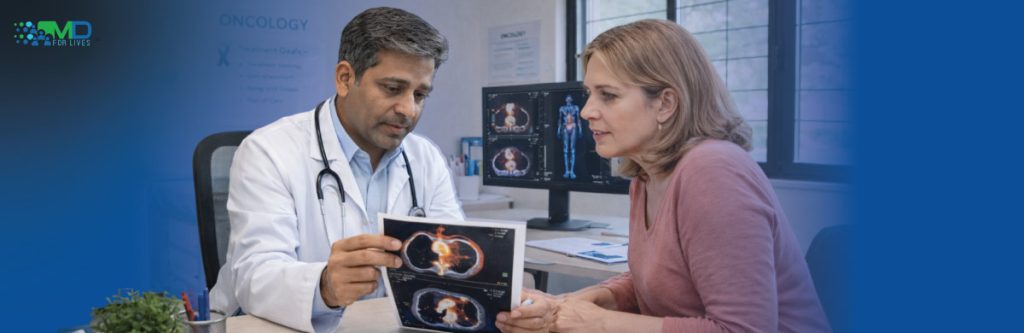 ovarian cancer research consultation showing doctor reviewing scan with patient