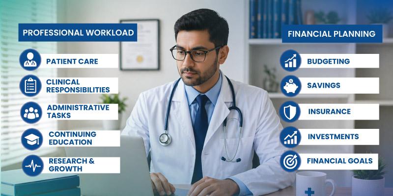 doctor balancing professional workload and financial planning